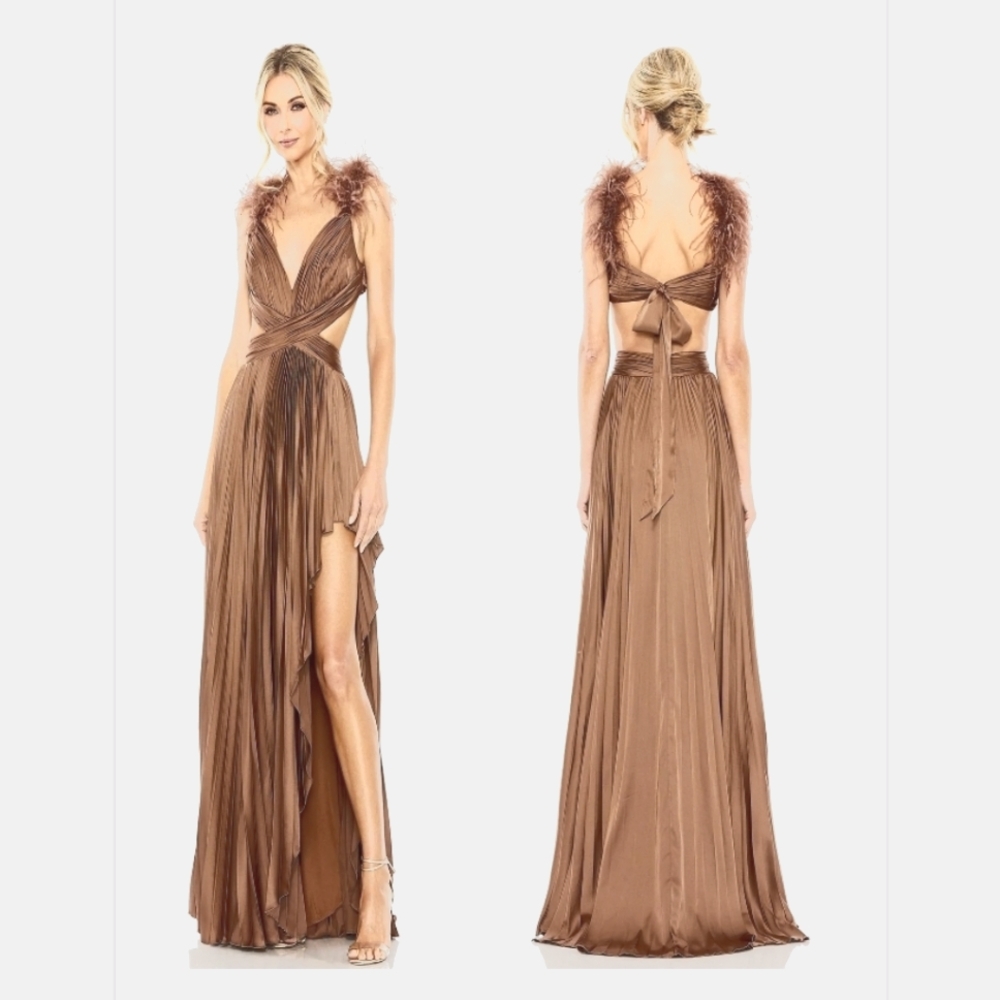 Mac Duggal 11687 Chocolate Brown Sleeveless Feather Maxi Gown SZ 6 NEW